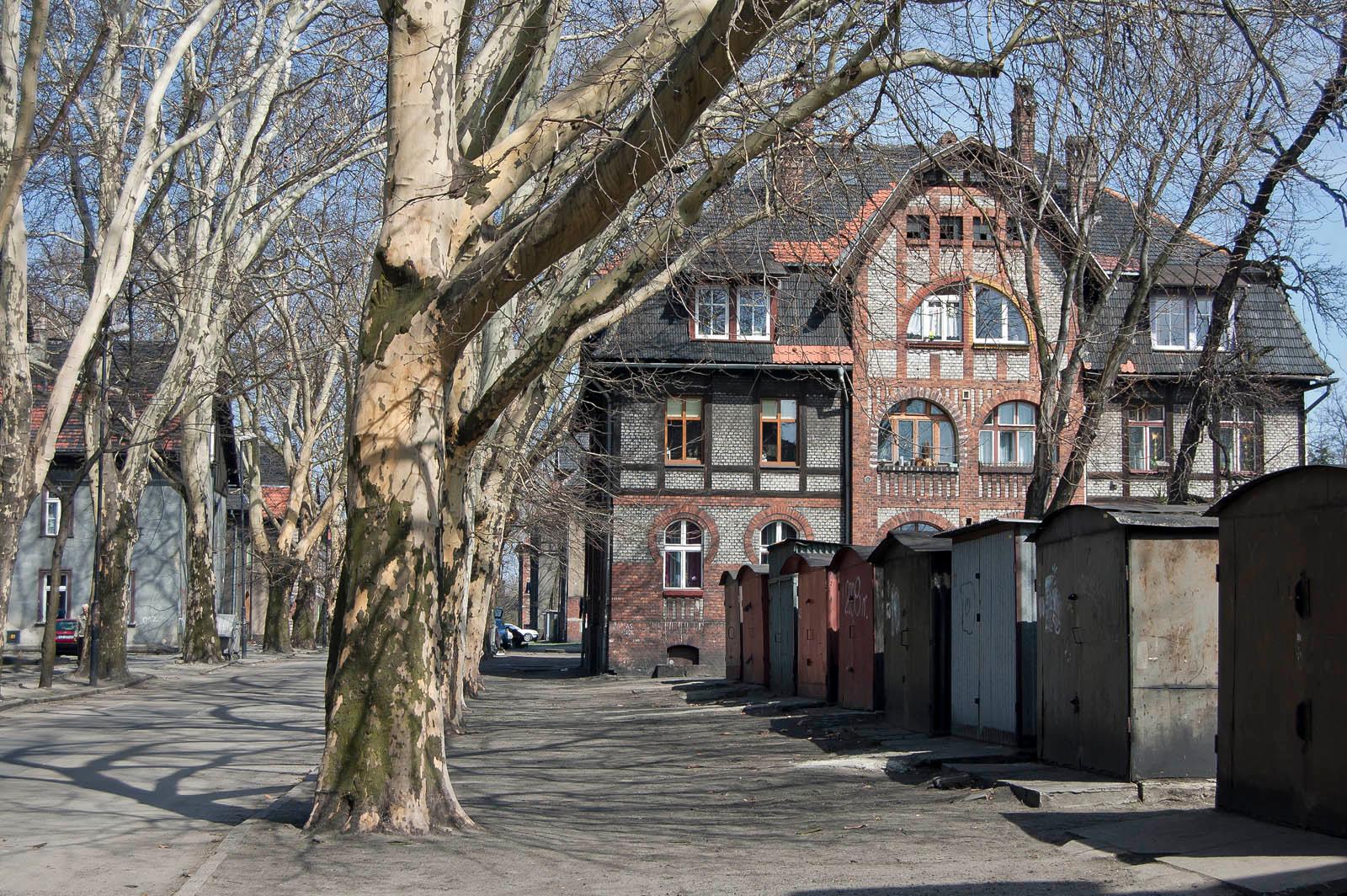 Nieruchomości w stylu modernizmu. Elewacja dekorowana drewnianą, szkieletową konstrukcją z płaskorzeźbami.