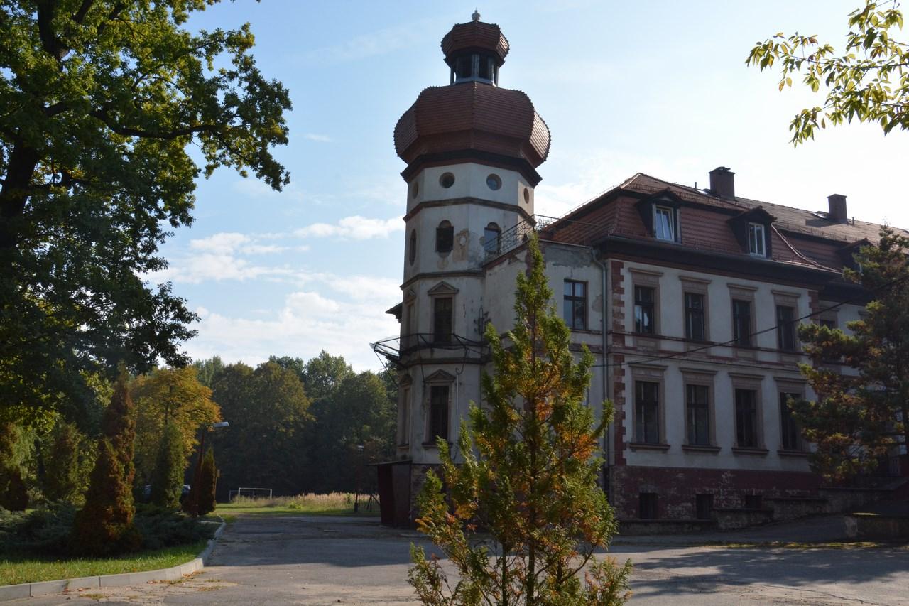 Budynek pałacu w otoczeniu lasu